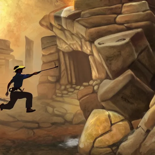 Image similar to Indiana Jones being chased by a boulder trap, boulder chase, underground ancient stone temple background, Indiana Jones running away from big round stone, raiders of the lost ark, detailed background, anime key visual