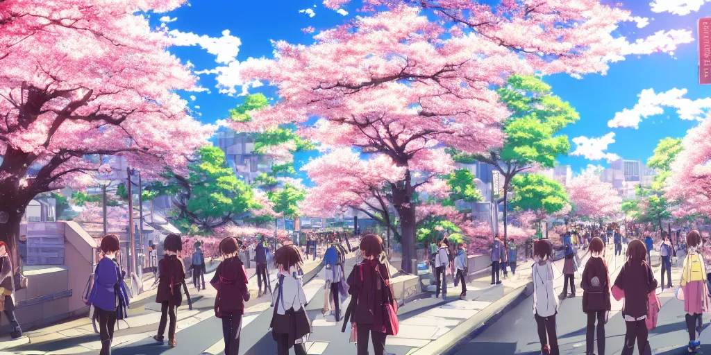 Prompt: anime style cityscape, spring season anime city, cherry blossoms in the wind, day time, sun high in the sky, sun glare, clear weather, blue sky, tokyo japan, people walking, high detail and very sharp, detailed shading, artstation, wallpaper, kyoto animation productions, a silent voice