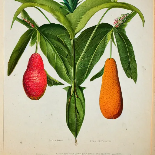 Prompt: 1 9 th century botanical illustration of tropical fruit