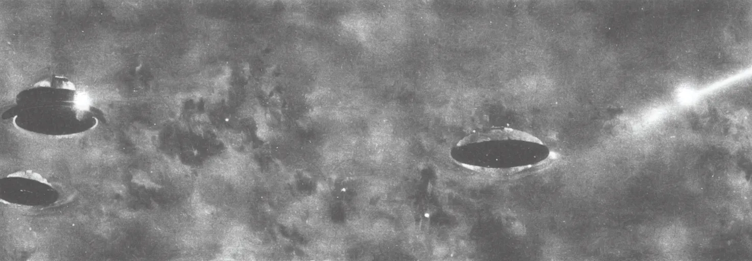 Image similar to Invasion of an alien life form in Germany, black and white photography, World War II, destruction, ufo, flying saucers, laser weapons, outerspace, technology