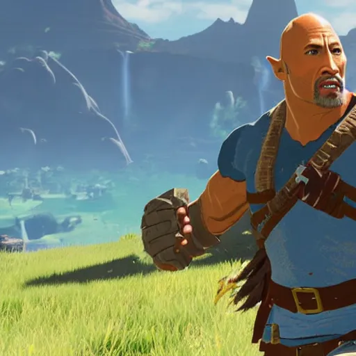 Prompt: dwayne the rock johnson as zelda breath of the wild character screenshot from zelda breath of the wild game