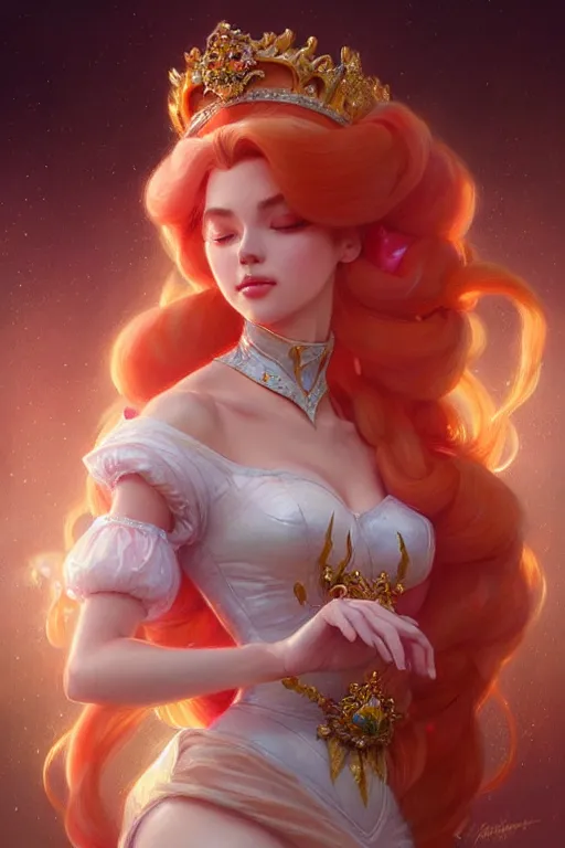 Image similar to Princess Peach, fantasy, intricate, elegant, highly detailed, digital painting, artstation, concept art, matte, sharp focus, illustration, art by Artgerm and Greg Rutkowski and Alphonse Mucha