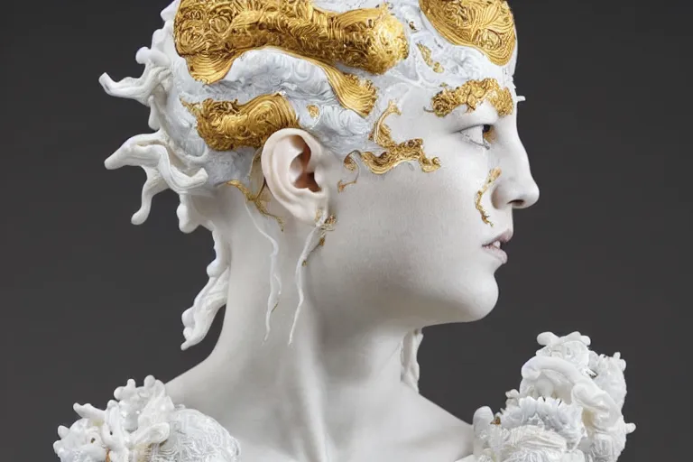 Image similar to full head and shoulders, beautiful female white, porcelain sculpture, with lots of ornate gold leaf 3 d chinese dragons attached to head by daniel arsham and james jean, on a white background, delicate facial features, white eyes, white lashes,