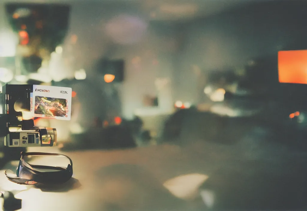 Prompt: dragon popping out of screen, volumetric lighting, bedroom, visor, users, pair of keycards on table, bokeh, creterion collection, shot on 7 0 mm, instax
