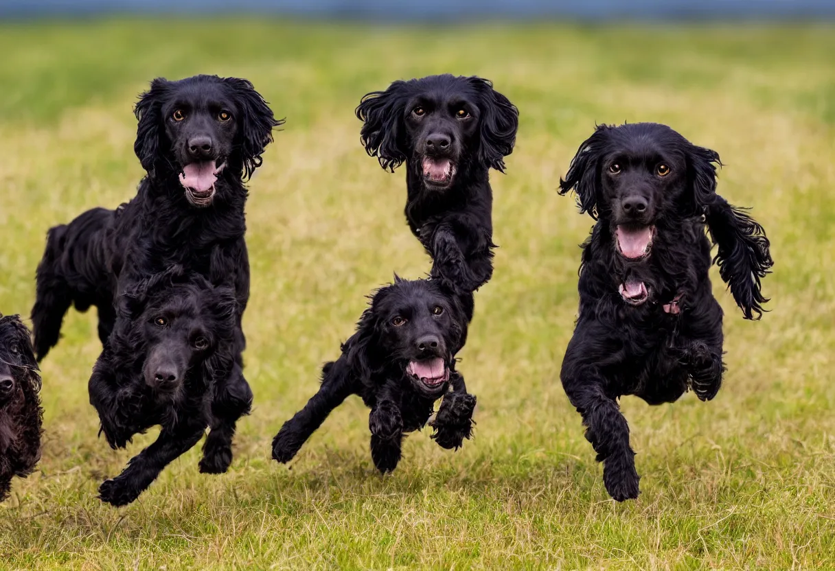 Image similar to One black spaniel dog and one brown spaniel dog running in a meadow low angle realism epic background 4k