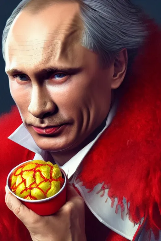 Prompt: vladimir putin as ronald mcdonald, closeup, d & d, fantasy, intricate, elegant, highly detailed, digital painting, artstation, concept art, matte, sharp focus, illustration, hearthstone, art by artgerm and greg rutkowski and alphonse mucha