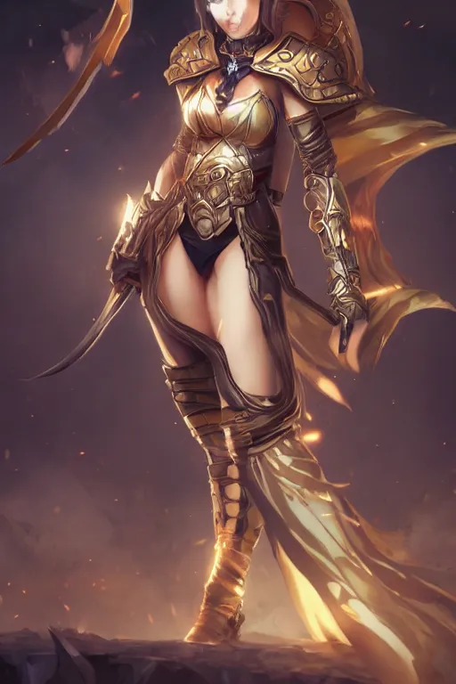 Image similar to female fantasy warrior in the style of Artgerm, WLOP, Rossdraws, trending on artstation, pixiv, Deviantart, HD, golden ratio, rule of thirds