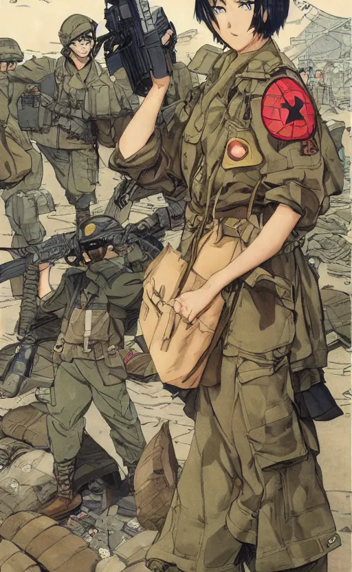 Prompt: anime style, marvel japan coloring, side portrait of a girl, trench and sandbags in background, soldier clothing, short hair, hair down, symmetrical facial features, norman rockwell, tom lovell, alex malveda, jack kirby, greg staples