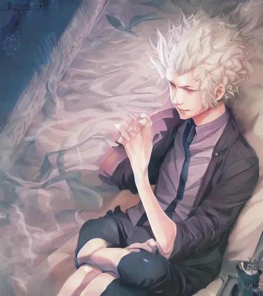 Image similar to ! dream nagito komaeda having a peaceful evening, art by stanley lau, artgerm, rossdraws, ross tran, sakimichan, cyarine, beautiful art