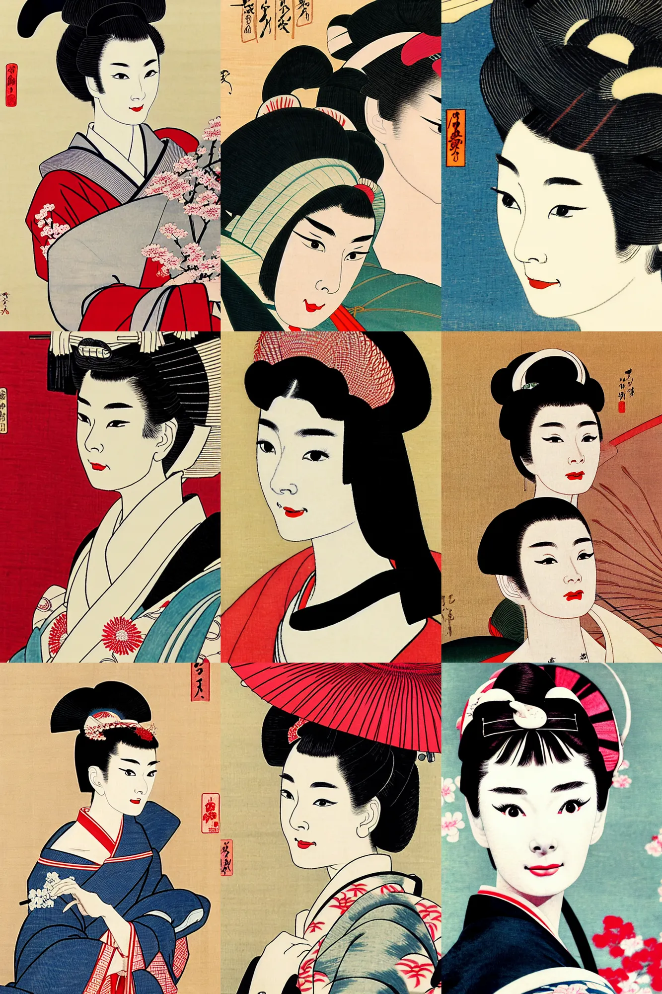 Prompt: audrey hepburn as maiko in ukiyo - e art, by shimura tatsumi, ultra detailed, 4 k, photo real