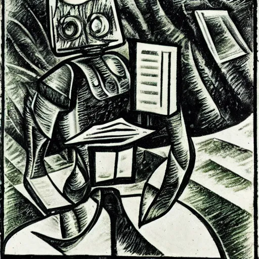 Prompt: A robot reading a book in a park, birdsview, birds; in the style of Umberto Boccioni