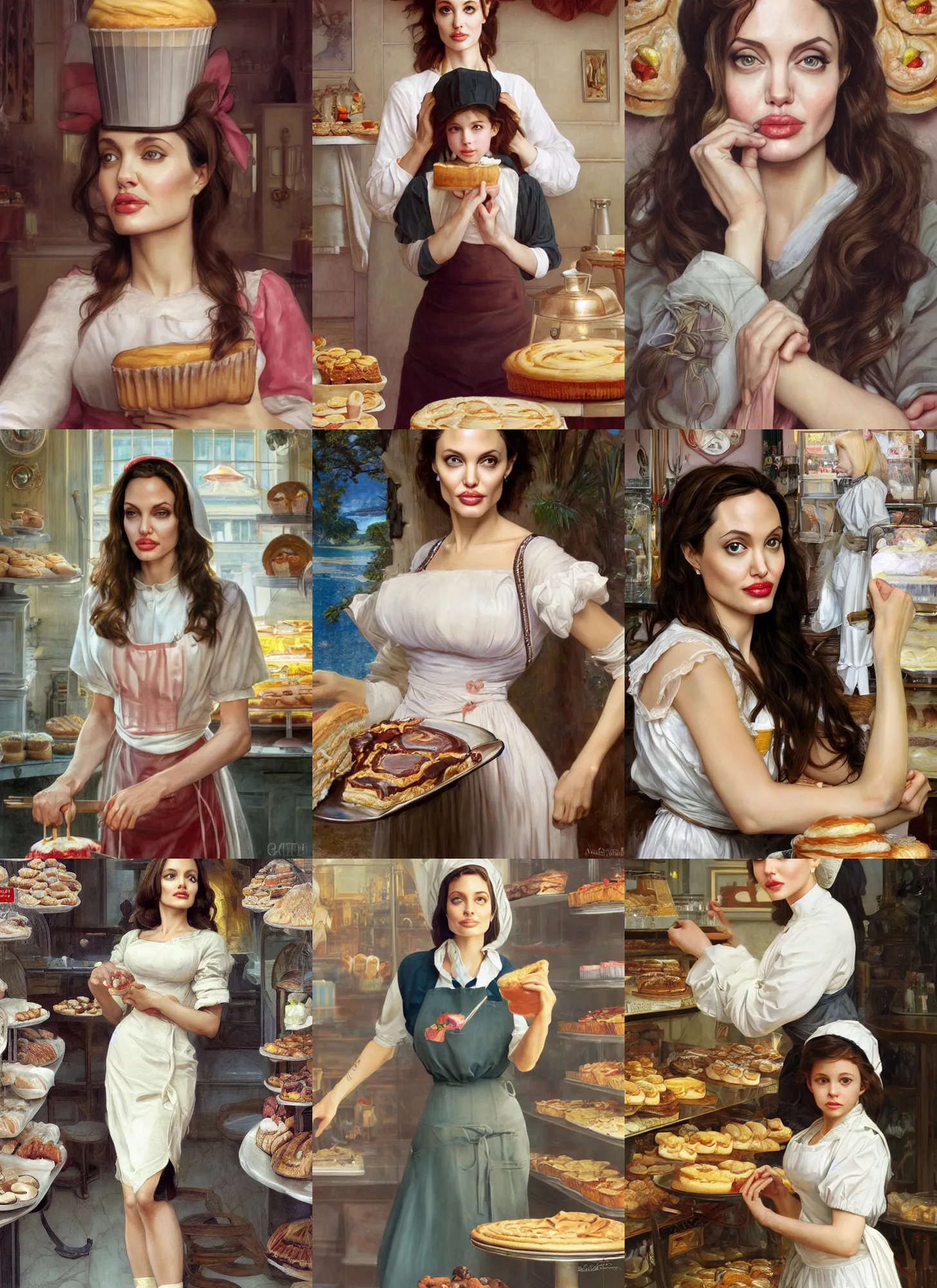 Prompt: portrait angelina jolie as young confectioner girl in a pastry shop, full length shot, shining, 8 k highly detailed, sharp focus, illustration, art by artgerm, mucha, bouguereau