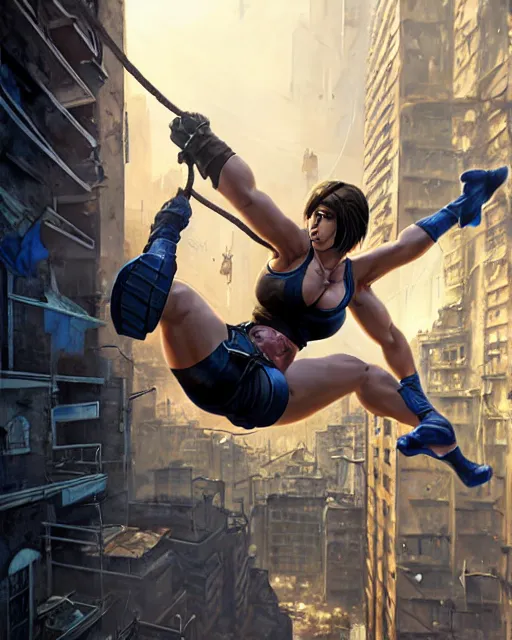 Image similar to gigachad jill valentine bodybuilder swinging from a building with a rope in racoon city, fantasy character portrait, ultra realistic, anime key visual, full body concept art, intricate details, highly detailed by greg rutkowski, ilya kuvshinov, gaston bussiere, craig mullins, simon bisley