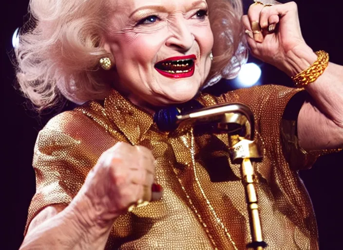 Image similar to publicity photo still of betty white as a gangsta rapper covered in gold chains, with grills in teeth and wearing a jumpsuit live on stage, 8 k, live concert lighting, mid shot