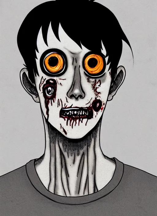 Image similar to junji ito style portrait of zombie teenage jughead jones wearing a light grey crown, zombie, crown, rotting skin, blind eyes, white eyes, crown, black hair, intricate, highly detailed, illustration, art by junji ito