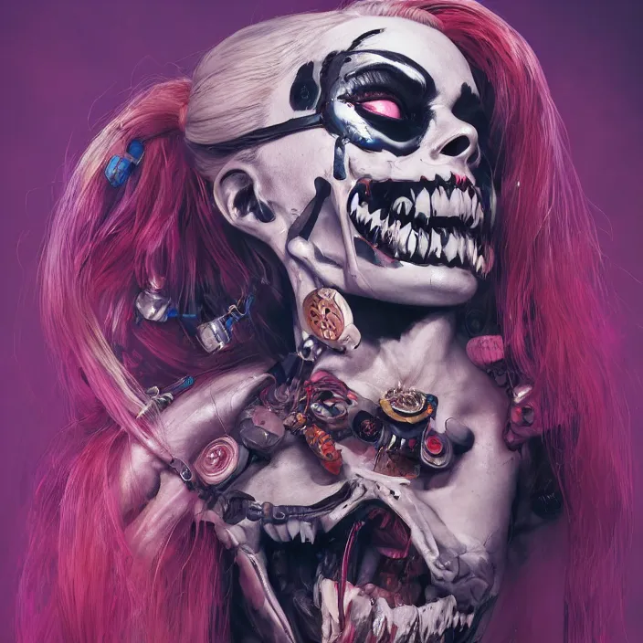 Image similar to skull of Margot Robbie as harley quinn. intricate abstract. intricate artwork. nightmare fuel. by Tooth Wu, wlop, beeple, dan mumford. octane render, trending on artstation, greg rutkowski very coherent symmetrical artwork. cinematic, hyper realism, high detail, octane render, 8k, iridescent accents