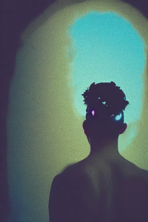 Image similar to kodak portra 4 0 0 photograph of a skinny guy looking into a otherworldly portal, flower crown, back view, vaporwave colors, grain, moody lighting, moody aesthetic,