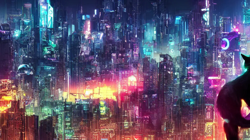 Image similar to a cyberpunk cat on a hill looking to a cyberpunk city wallpaper