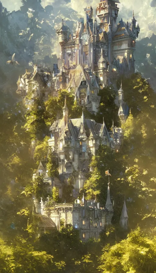 Image similar to castle seen from the sky, cyberpunk, design on white background, beautiful details, lush foliage, drawn by john singer sargent, tom bagshaw, norman rockwell, alphonso mucha, lolish, trending on artstation