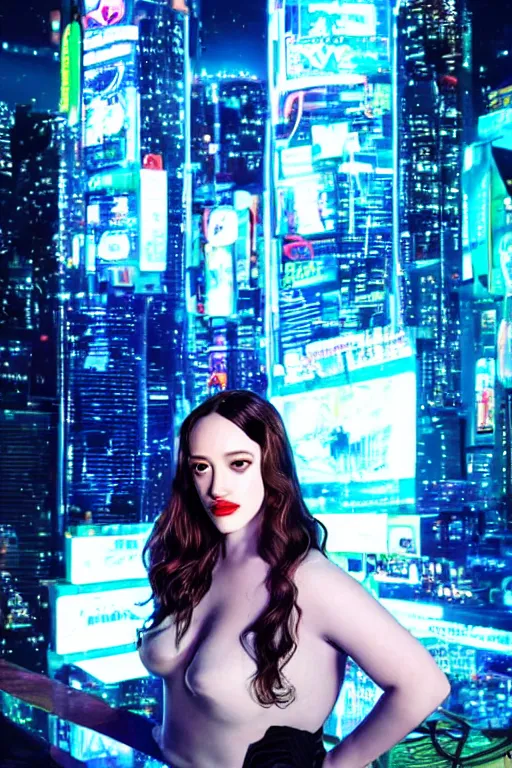 Prompt: portrait of sexy futuristic Kat Dennings hologram in future cyberpunk tokyo rooftop, sci-fi fantasy intricate very very beautiful elegant neon light highly detailed
