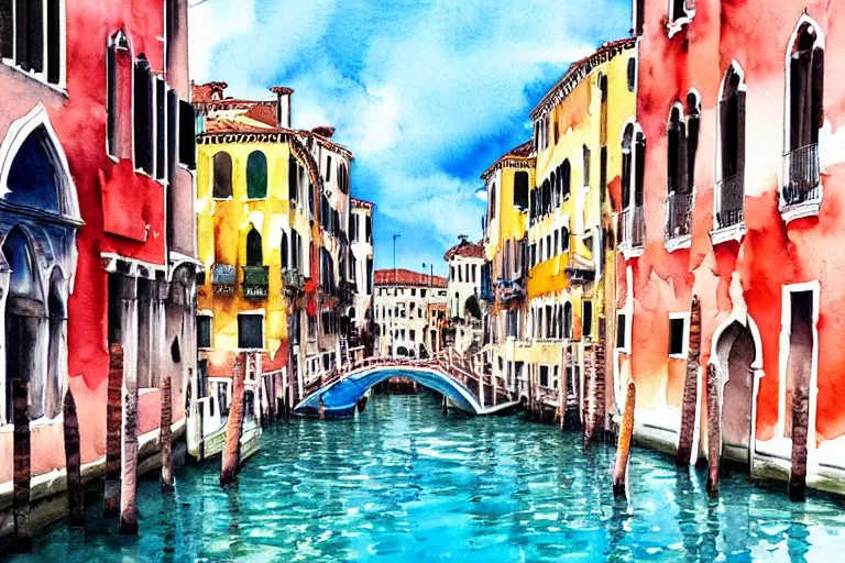 Prompt: !! watercolor!! venice in a sunny day, colorful high contrast,!! very coherent!!, dark shadow, thick lineart