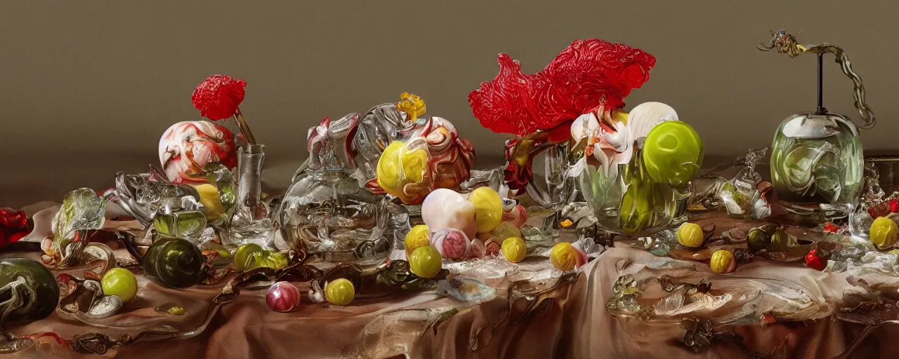 Prompt: ultradetailed photorealistic still life with jelly flowers by ernst haeckel, caravaggio, roger dean and andrei tarkovsky, slime and tentacles, wide angle, minimalistic cinematic composition, octane render, bokeh, unreal engine, 4k, 3d render