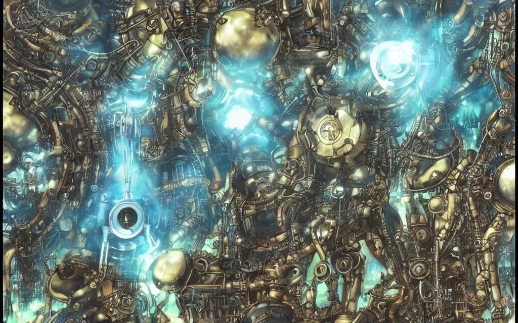 Prompt: complex alien technology that can create a portal, used to travel to different dimensions by eiichiro oda and alfred parsons, style of steampunk