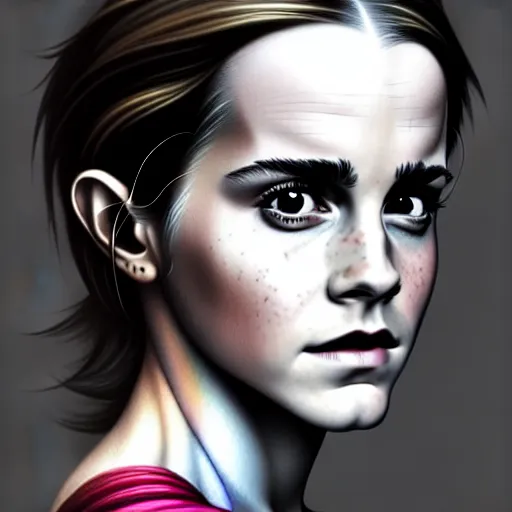 Image similar to Very funny Emma Watson looking like an old monkey, colorful painting on grey scale face, powerful , magic, thunders, dramatic lighting, intricate, wild, highly detailed, digital painting, artstation, concept art, smooth, sharp focus, illustration, art by artgerm and greg rutkowski and alphonse mucha, footage