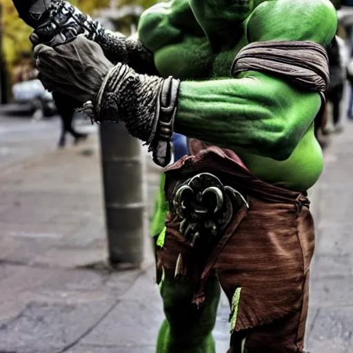 Image similar to a friendly green-skinned half-orc in the city, casual clothing, today's featured fantasy photography