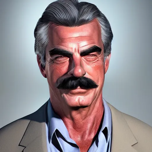 Image similar to The Lovechild of Tom Selleck and Sam Elliott, real life, hyperrealistic, ultra realistic, realistic, highly detailed, epic, HD quality, 8k resolution, body and headshot, front facing, front view, headshot and bodyshot, detailed face, very detailed face