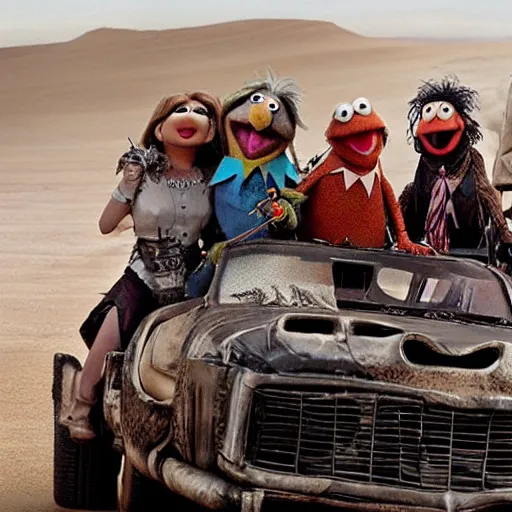 Prompt: Muppets in Mad Max, group photo by Annie Liebowitz