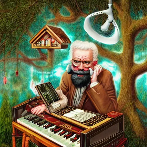 Image similar to old man white beard playing a synthesizer in a tree house, notes and clefs listening , lowbrow surrealistic, in the style of Mark Ryden,