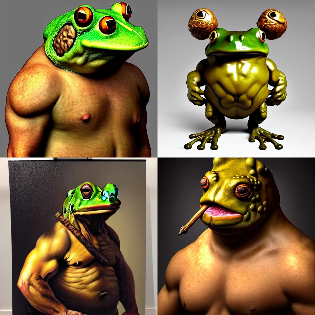 Prompt: subject: muscular barbarian oversized frog anthropomorphic medium shot portrait, style: very detailed heavy textured rembrandt oil painting with dramatic light , very sharp detail