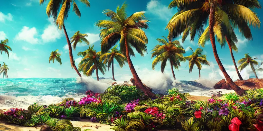 Image similar to the most beautiful tropical island, big waves, seashore, flowers, palmtrees, animals, bokeh, godrays, highly detailed, lowbrow, cinematic, artstation