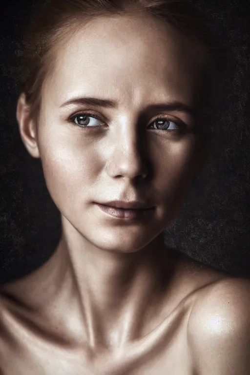 Prompt: photo portrait of a beautiful woman, head centered portrait, various point of view, enigmatic natural beauty, little shy smile, lovingly looking at camera, head in focus, elegant, highly detailed, artistic, concept art, painterly, hasselblad photography, sharp focus, volumetric lights, art style by hans jokem bakker