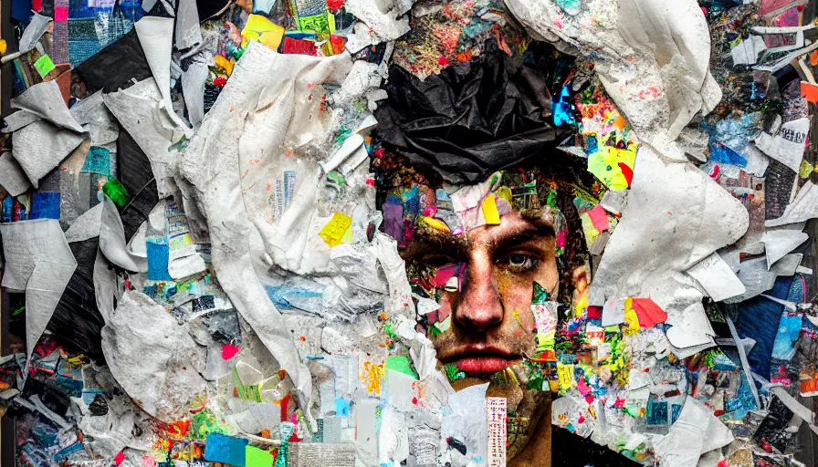 Image similar to rendered in blender slit - scan photography trash bag on his head and crumpled paper as a texture, collage paper and tape, acrylic on canvas, hyperrealism mixed with expressionism, high resolution, cinematic, unreal 6, breathtaking detailed, by blake neubert