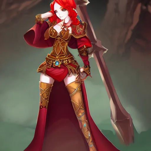 Image similar to natalie from epic battle fantasy, redhead, cartoony, priestess, red robes, highly detailed, fanart