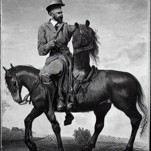 Image similar to a man sitting on a horse, he is screaming and holding both his arms up.