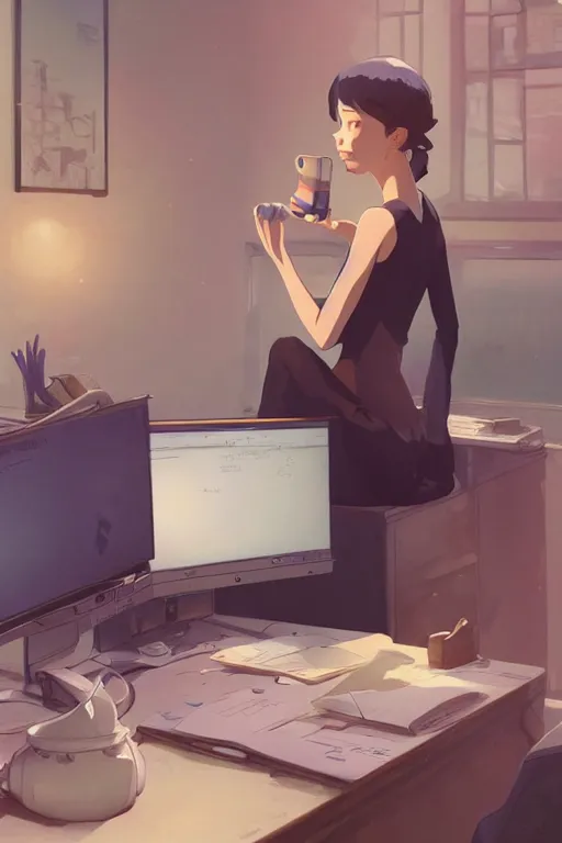 Image similar to beautiful scene render of a person sitting at a desk, looking at monitor, dimly lit bedroom, hot cocoa drink,, perfectly shaded, atmospheric lighting, style of makoto shinkai and peter mohrbacher, studio ghibli. artgerm, karol bak, beeple, animation style, 8 k hd, ultra wide angle, hyper detailed