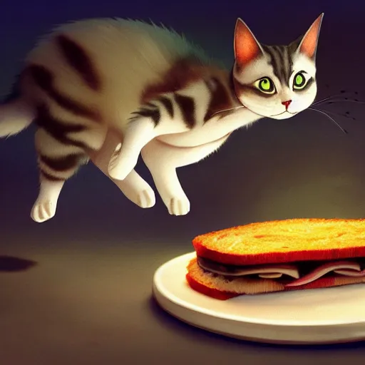 Image similar to shocked cat running away from the giant carnivorous sandwich, artstation hq, dark phantasy, stylized, symmetry, modeled lighting, detailed, expressive, created by hayao miyazaki