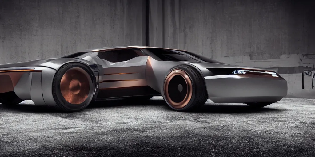 Image similar to a design of a futuristic DMC Delorian, designed by Polestar, blade runner background, stained antique copper car paint, white wheel rims, black windows, sportscar, dark show room, dramatic lighting, hyper realistic render, depth of field