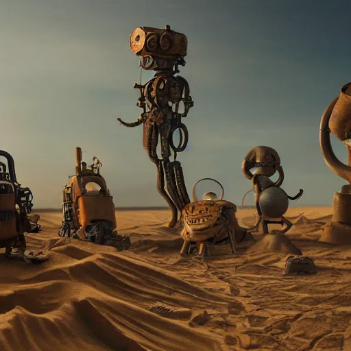 Prompt: painting of a sand landscape, steampunk, buried wreckage of hundreds of giant, humanoid robots, small figures in foreground, octane render, 4 k