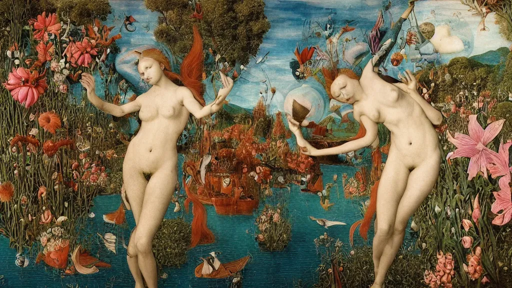 Image similar to a fish eye lense photograph of a meditating harpy mermaid surrounded by towering bulbous flowers. wide landscape with mountains, river. clear blue sky with stars. painted by jan van eyck, max ernst and ernst haeckel. trending on artstation, 8 k, award winning, fashion editorial, mythology, photorealistic, burning eyes