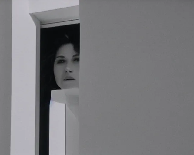 Prompt: a still of a young woman looking out from a huge white balcony of a minimalist house, outside view, low angle, clear sky, minimalist composition, in the music video Wrapped Around your Finger (1983)