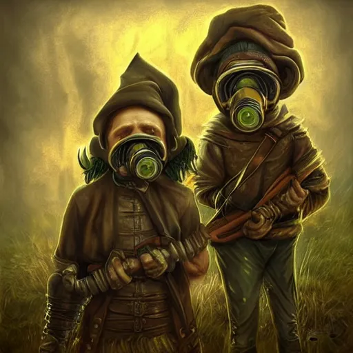 Prompt: elves with gas masks, weedsmoker, digital painting, artstation, stoner album art by arik roper