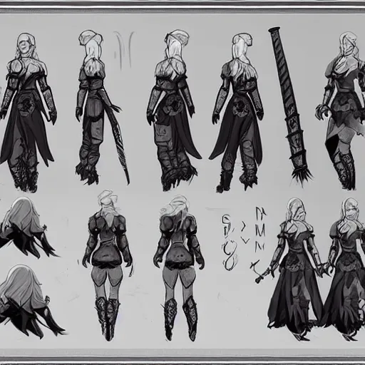 Image similar to character concept art sheet the witcher 3 female, turnaround, concept art, sketchy style