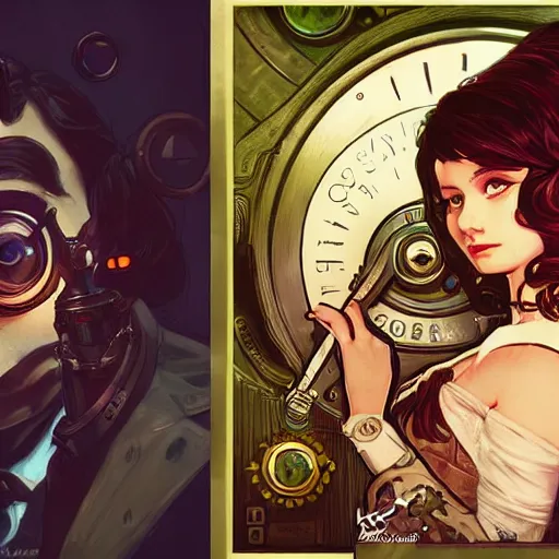 Image similar to lofi bioshock steampunk portrait, Pixar style, art by Artgerm and Greg Rutkowski and Alphonse Mucha.