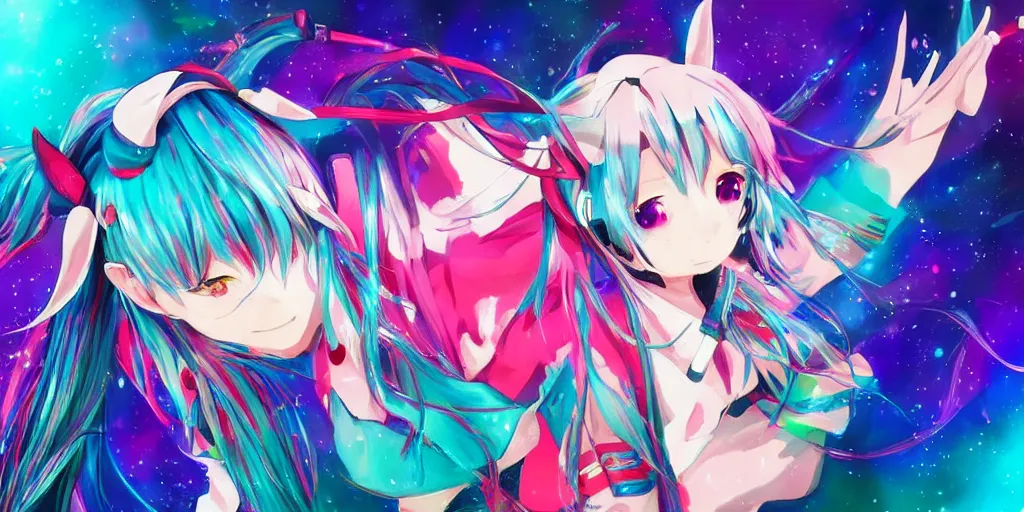 Image similar to thatsune miku , digital art, art station, tredning on art station, anime, colorful art