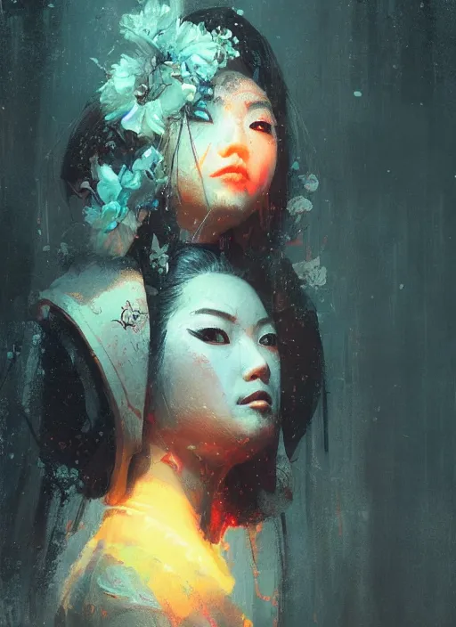 Image similar to female geisha girl, beautiful face, neon, rule of thirds, intricate outfit, spotlight, by greg rutkowski, by jeremy mann, digital painting