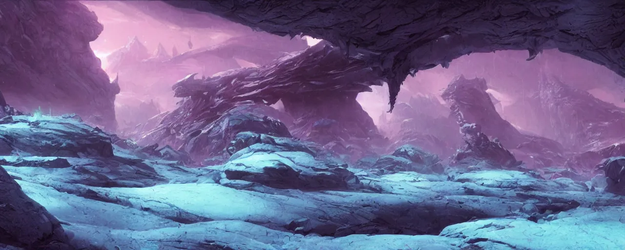 Image similar to ” glacier alien landscape, [ cold, cinematic, detailed, epic, widescreen, opening, establishing, mattepainting, photorealistic, realistic textures, octane render, art by slop and paul lehr ] ”